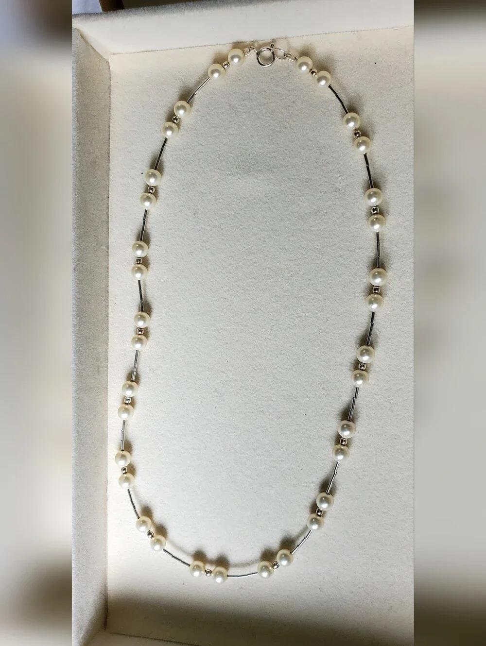 Freshwater Pearl Station Necklace - White Pearls with Silver Accents - Picture 3 of 6